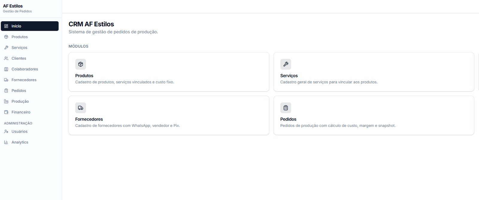 CRM AF Estilos, sistema de gestão de pedidos de produção e produtos para a indústria têxtil